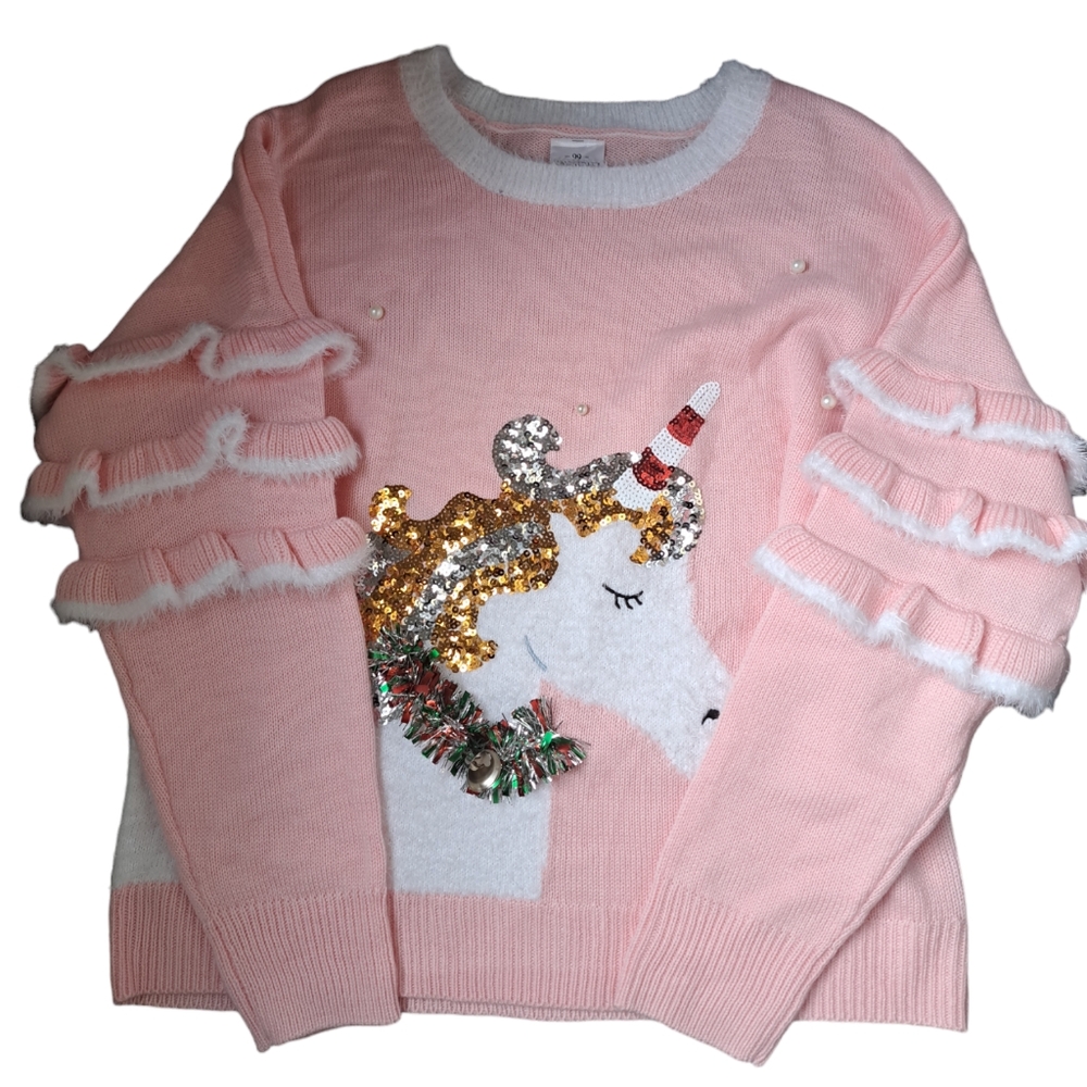 99 JANE STREET Christmas UNICORN sweater pink white tinsel sequins pearly XXL